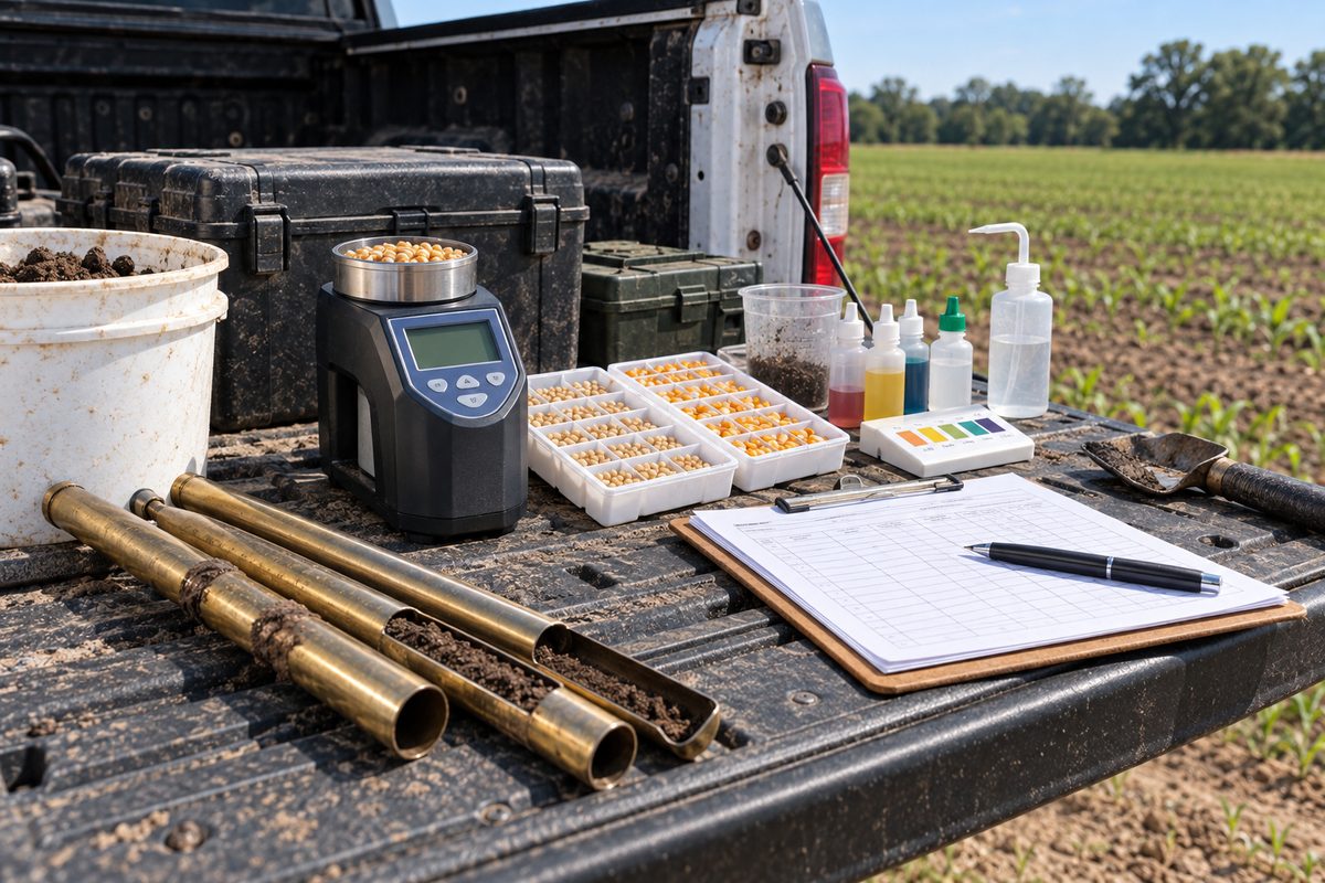 Precision field agronomy diagnostic testing tools, moisture meter, and soil analysis equipment.