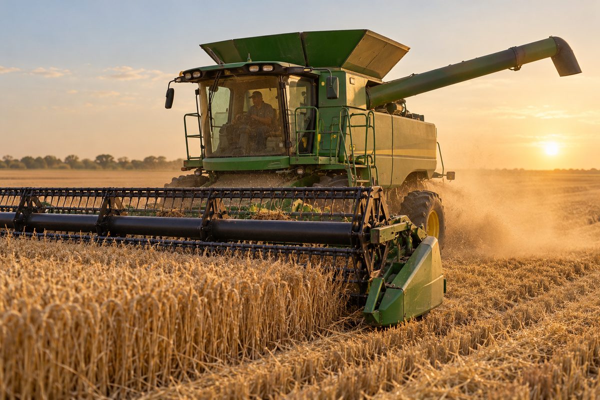 Combine harvester processing ripe grain crop during peak seasonal harvest operations in Texas.