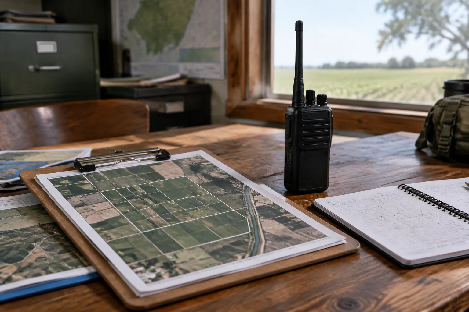 Field dispatch desk map and communications log at Cypress operational headquarters.