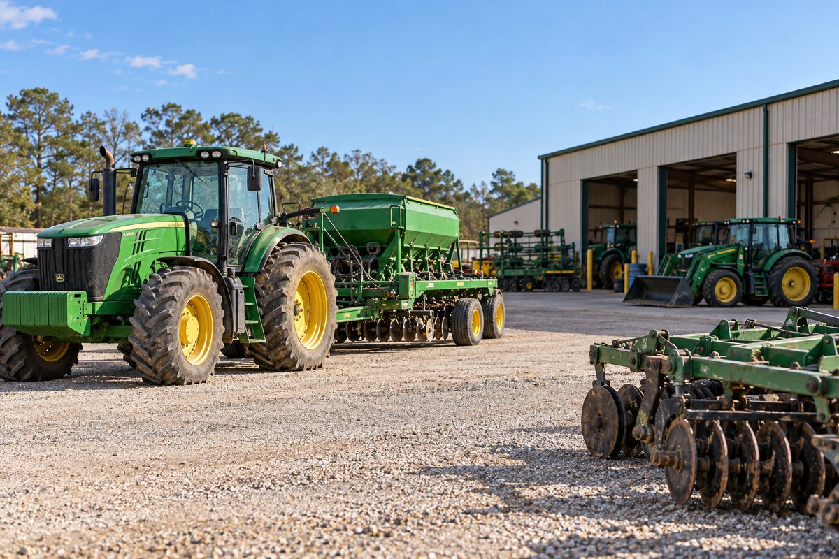 Agricultural machinery and field implement fleet organized at the Cypress, Texas staging yard.