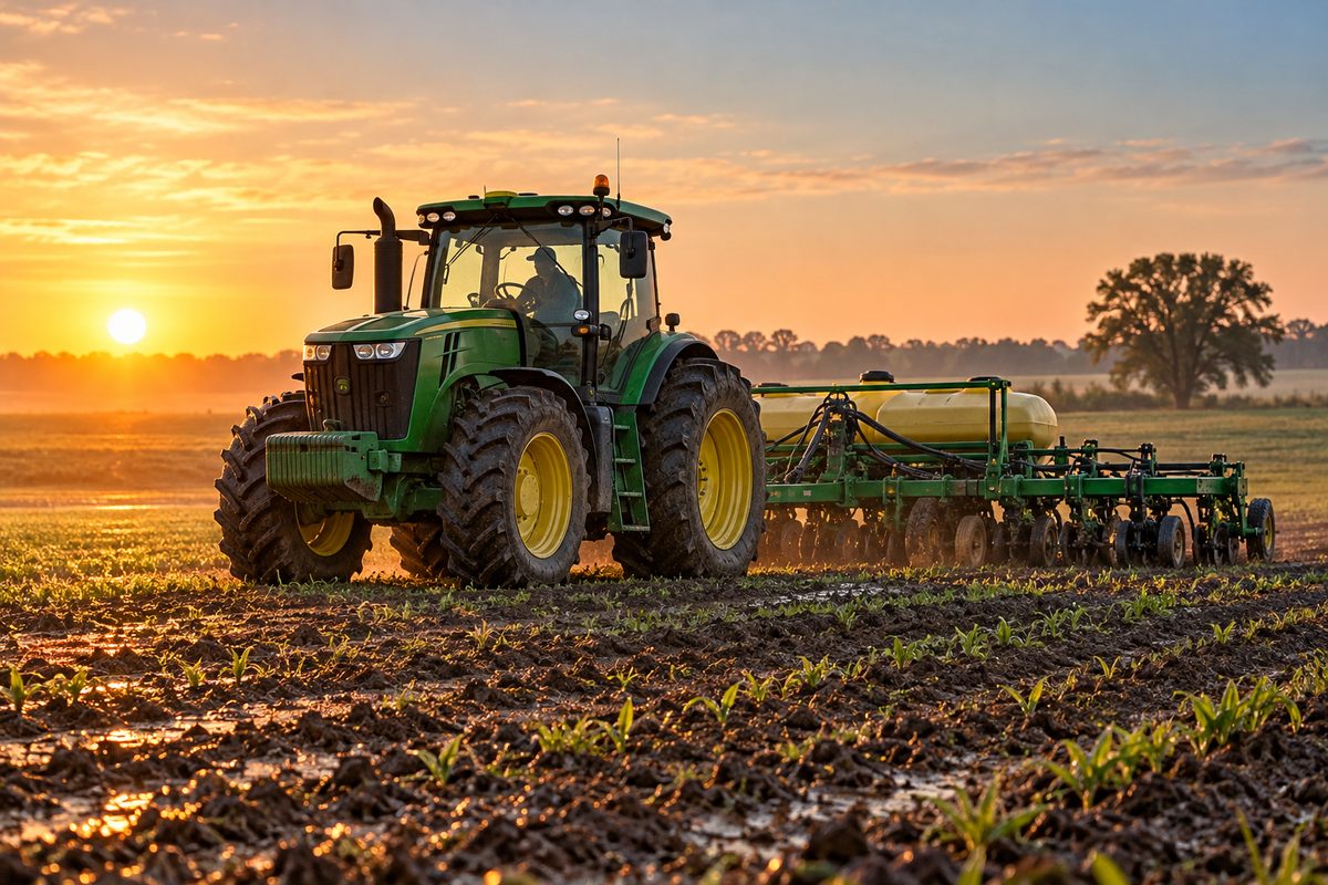 Commercial row-crop tractor and field implement prepared for morning agronomic operations on Texas farmland near Cypress.