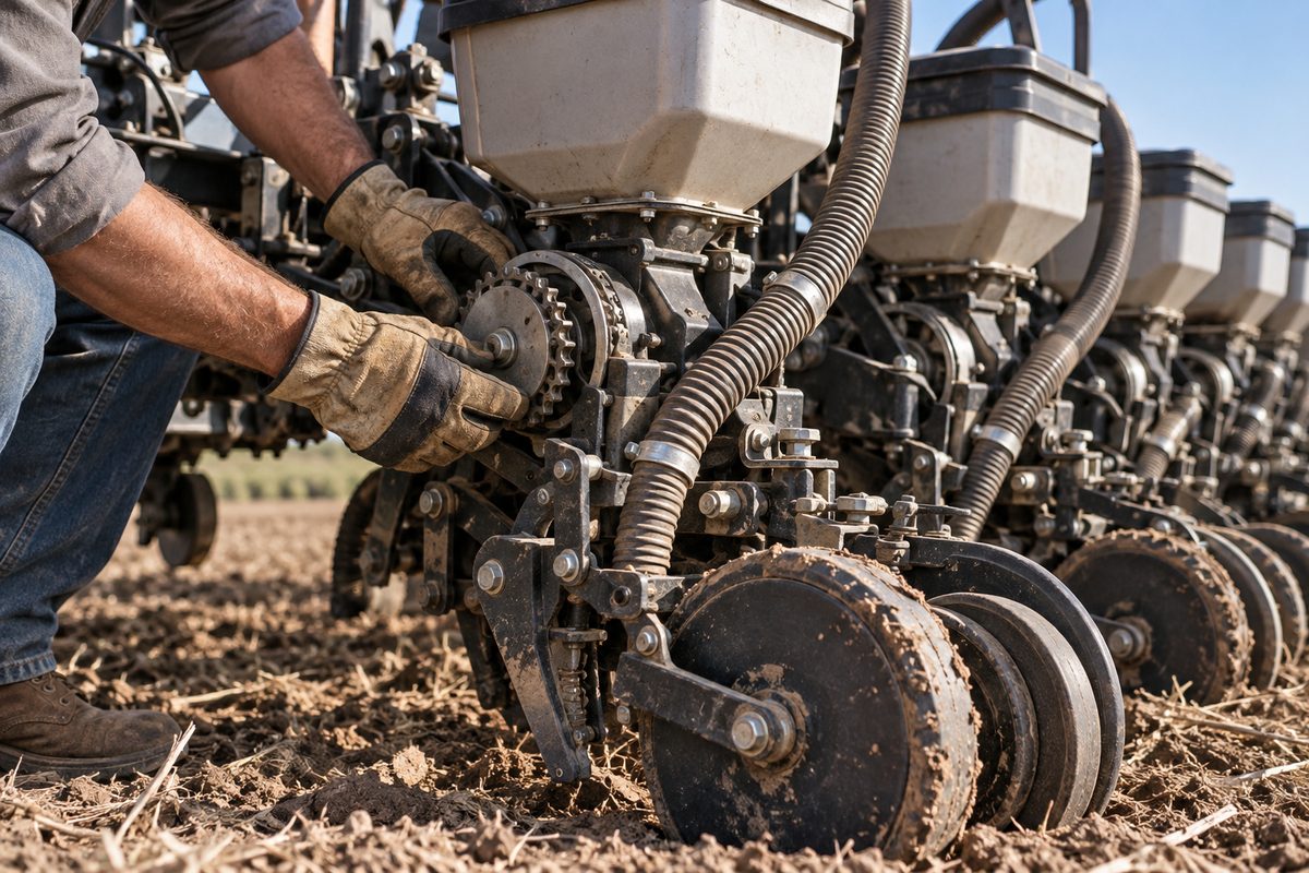 Mechanical calibration of seed metering assembly on an agricultural pneumatic drill seeder.