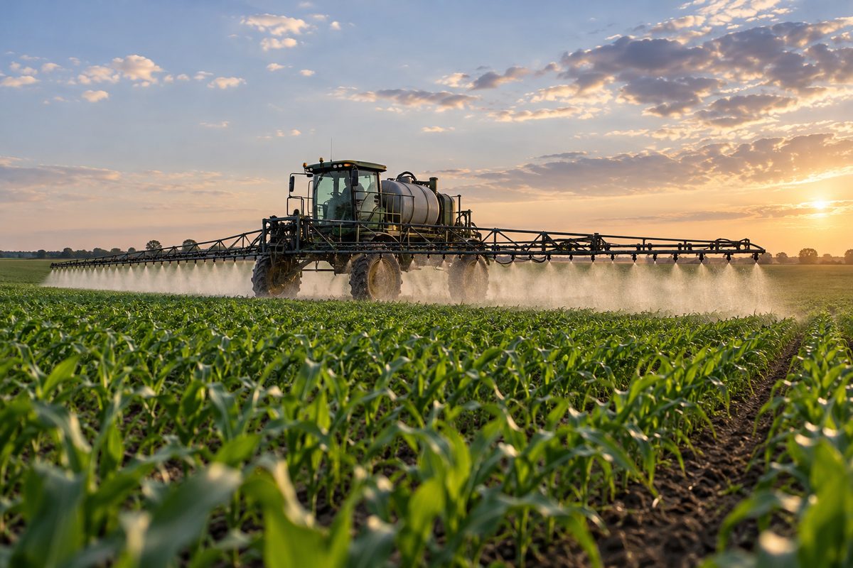 Commercial high-clearance boom sprayer executing targeted liquid application across Texas acreage.