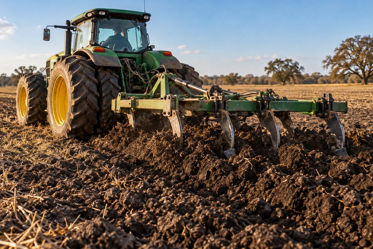 Heavy tractor and chisel plow conditioning dense agricultural soil in regional Texas acreage.